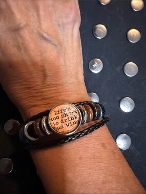 Snap Black Braided Leather Wrap Bracelet with Life’s too short… snap